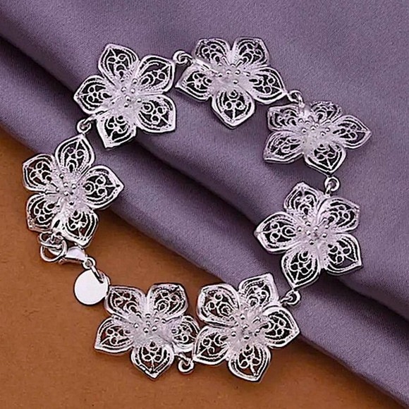 Boho Sterling Silver 925 Flower Chain Bracelet - Picture 2 of 10